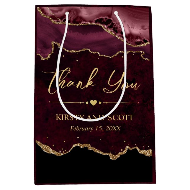 Red and Gold Faux Glitter Agate Wedding Medium Gift Bag (Front)