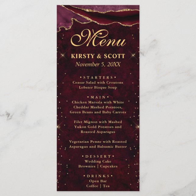 Red and Gold Faux Glitter Agate Wedding Menu (Front)