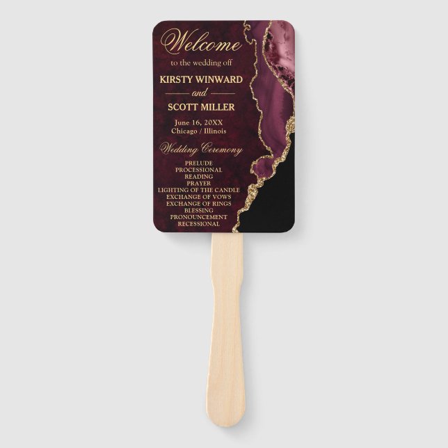 Red and Gold Faux Glitter Agate Wedding Program Hand Fan (Front)