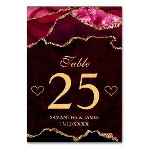 Red and Gold Faux Glitter Agate Wedding Table Number