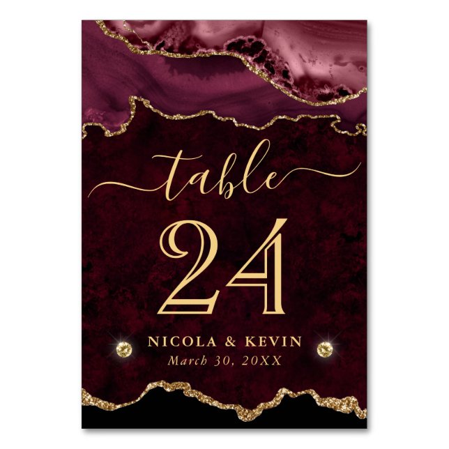 Red and Gold Faux Glitter Agate Wedding Table Number (Front)