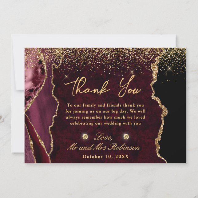 Red and Gold Faux Glitter Marble Agate Wedding Thank You Card (Front)