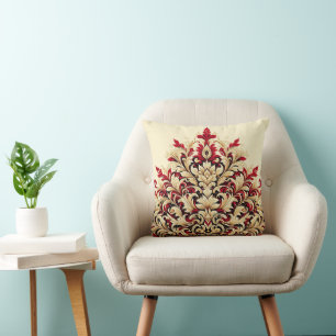 Red and Gold Feathered Damask Throw Pillow