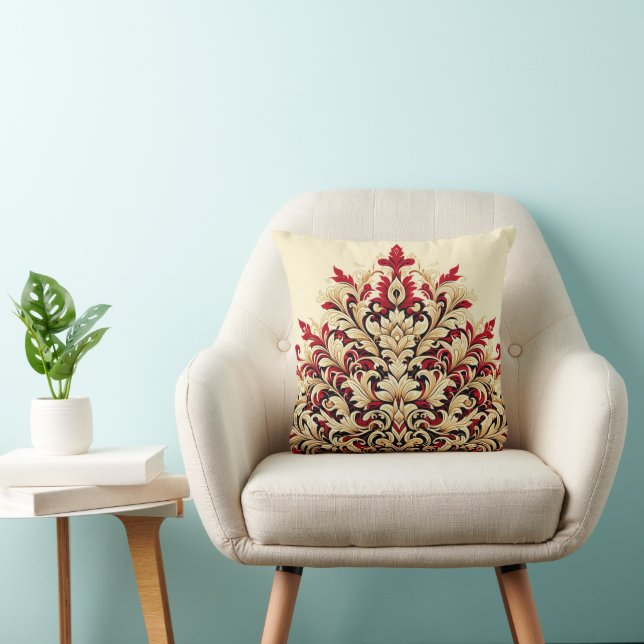 Red and Gold Feathered Damask Throw Pillow (Chair)