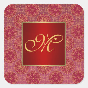 Red and Gold Filigree Circles Monogram Sticker