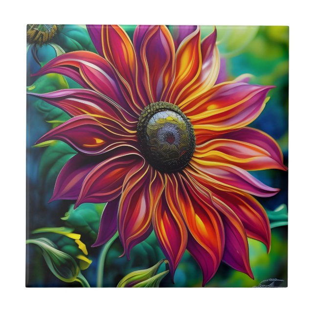 Red and Gold filigree Sunflower Ceramic Tile (Front)