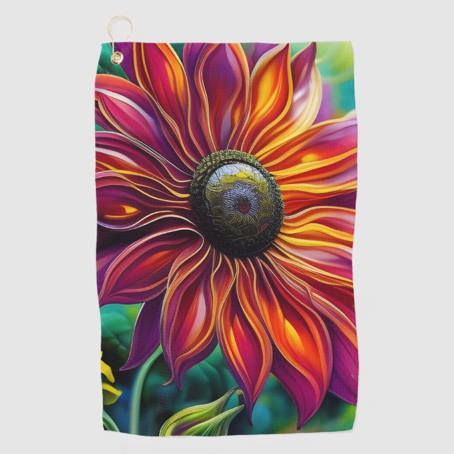 Red and Gold filigree Sunflower Golf Towel (Front)
