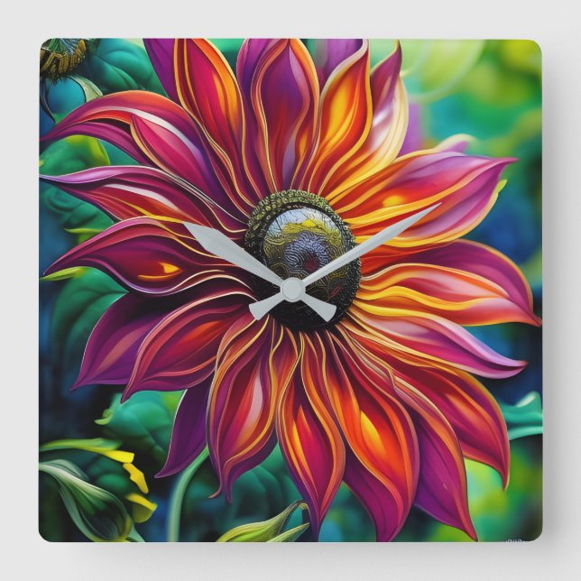 Red and Gold filigree Sunflower Square Wall Clock (Front)