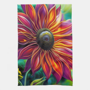 Red and Gold filigree Sunflower Tea Towel