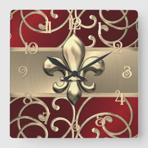 Red and Gold Filigree Swirls Fleur de Lis Square Wall Clock