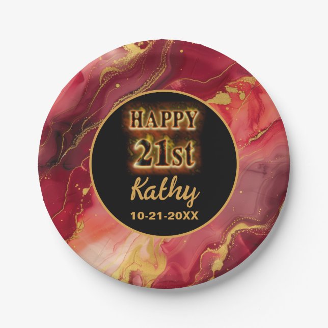 Red and Gold Flaming Hot 21st Birthday Paper Plate (Front)