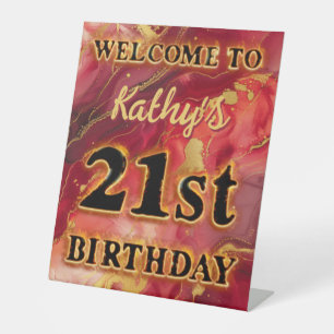 Red and Gold Flaming Hot 21st Birthday Pedestal Sign