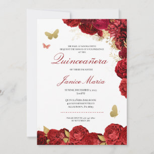 Red and Gold Floral Butterfly Elegant Quinceañera  Invitation