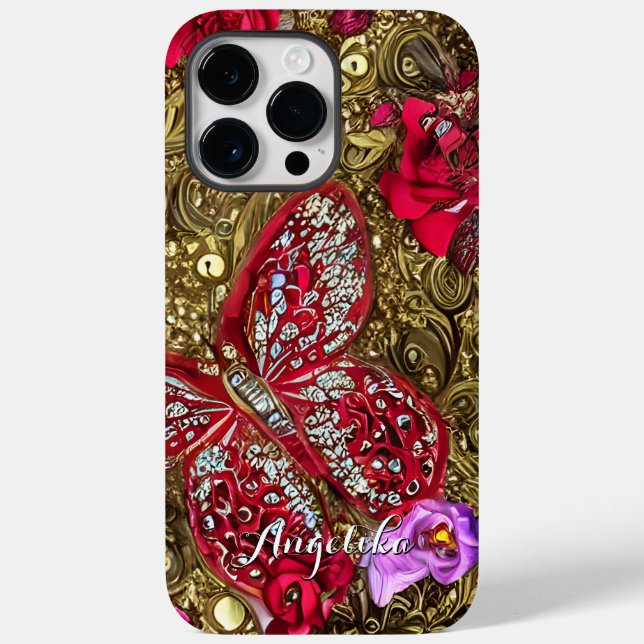 Red and Gold Floral Butterfly Personalised Name Case-Mate iPhone Case (Back)
