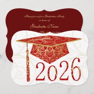 Red and Gold Floral Cap 2026 Graduation Party Invitation