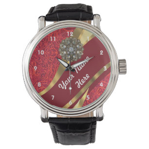 Red and gold floral damask pattern watch
