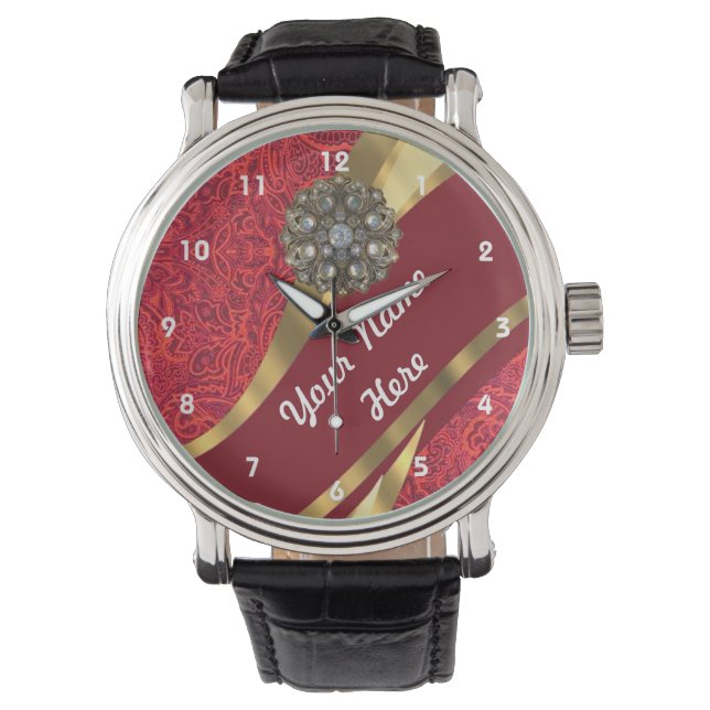 Red and gold floral damask pattern watch (Front)