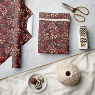  Red and Gold Floral Design with Boho Watercolor Wrapping Paper