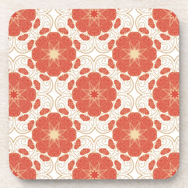Red And Gold Floral Lace Pattern Coaster (Front)