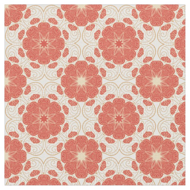 Red And Gold Floral Lace Pattern Fabric (Close Up)