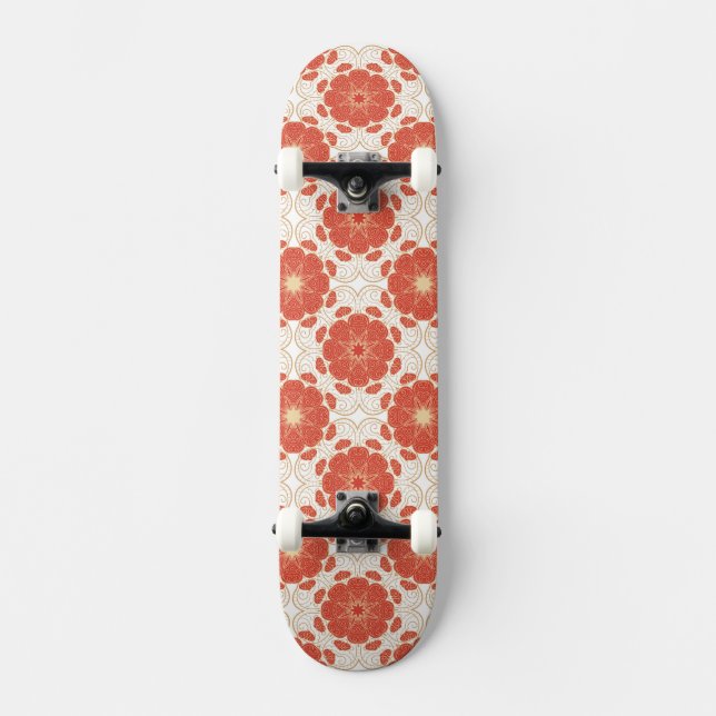 Red And Gold Floral Lace Pattern Skateboard (Front)
