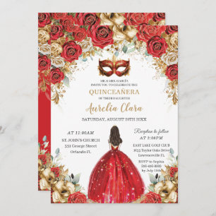 Red and Gold Floral Masquerade Ball Quinceañera Invitation
