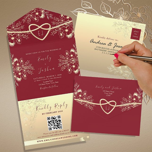 Red and Gold Floral Monogram Wedding  All In One Invitation (Creator Uploaded)