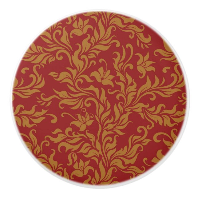 Red and Gold Floral Pattern Ceramic Knob (Front)