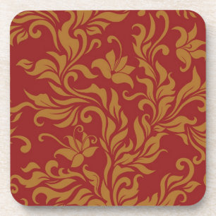 Red and Gold Floral Pattern Coaster