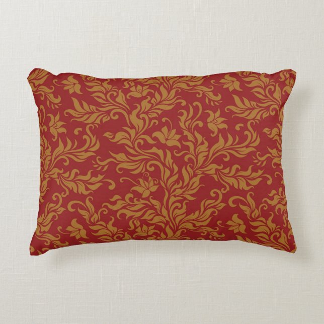 Red and Gold Floral Pattern Decorative Cushion (Front)