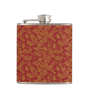 Red and Gold Floral Pattern Hip Flask