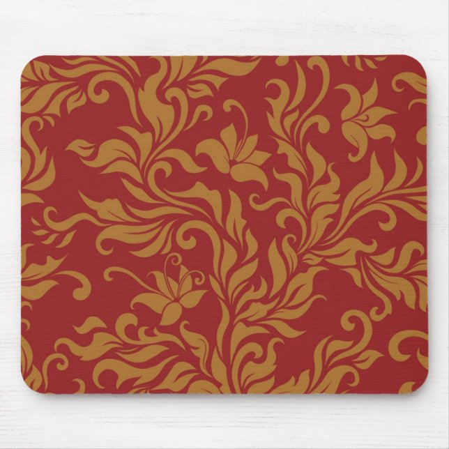 Red and Gold Floral Pattern Mouse Pad (Front)