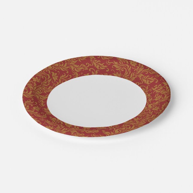 Red and Gold Floral Pattern Paper Plate (Angled)
