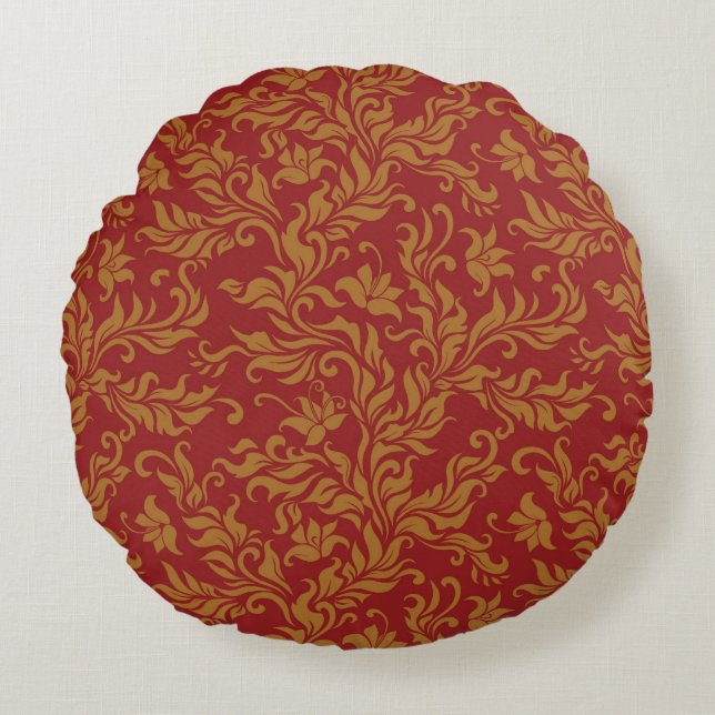 Red and Gold Floral Pattern Round Cushion (Front)