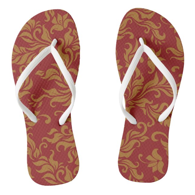 Red and Gold Floral Pattern Thongs (Footbed)
