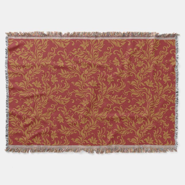 Red and Gold Floral Pattern Throw Blanket (Front)
