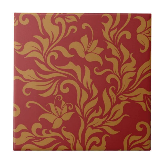 Red and Gold Floral Pattern Tile (Front)