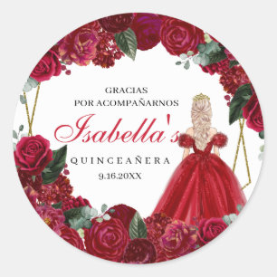  Red and Gold Floral Quinceanera Classic Round Sti Classic Round Sticker