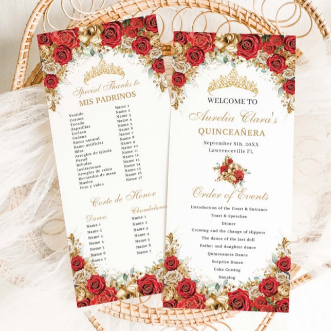 Red and Gold Floral Quinceanera Order of Events Program (Creator Uploaded)