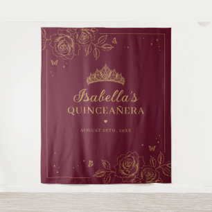 Red and Gold Floral Quinceañera Tapestry