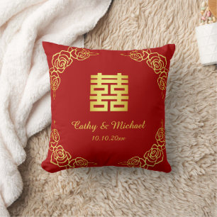 Red and gold floral rose Chinese tea ceremony Cushion