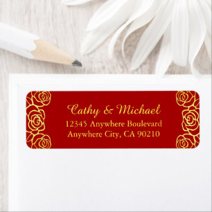 Red and gold floral rose papercut return address label