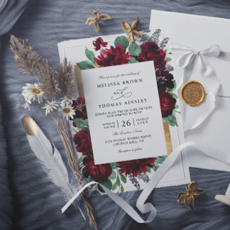 Red and Gold Floral Rustic Chic QR Code Wedding Invitation