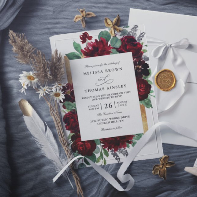 Red and Gold Floral Rustic Chic QR Code Wedding  Invitation (Creator Uploaded)