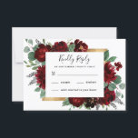 Red and Gold Floral Rustic Elegant White Wedding RSVP Card<br><div class="desc">Design features watercolor peony and rose floral elements in shades of red and burgundy over eucalyptus botanical greenery. Template also features a printed gold coloured box for an added elegant layout. The typography displays a modern layout with black text. View the collection link on this page to find matching products...</div>