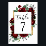 Red and Gold Floral Rustic Elegant White Wedding Table Number<br><div class="desc">Design features watercolor peony and rose floral elements in shades of red and burgundy over eucalyptus botanical greenery. Template also features a printed gold coloured box for an added elegant layout. The typography displays a modern layout with black text. View the collection link on this page to find matching products...</div>