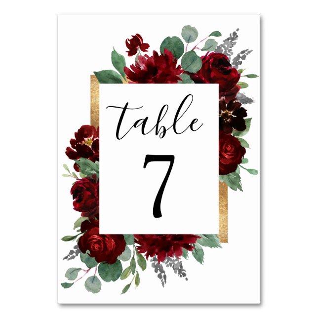Red and Gold Floral Rustic Elegant White Wedding Table Number (Front)