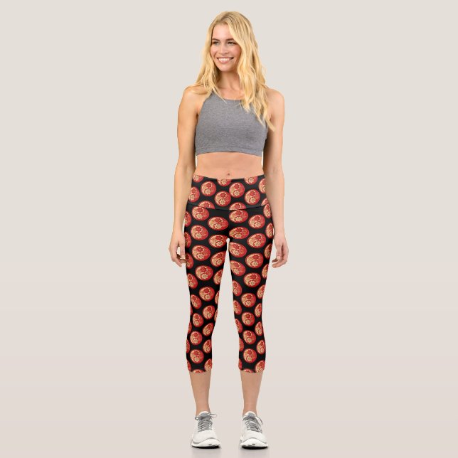 Red and Gold Floral Scattered Black Background Capri Leggings (Front)
