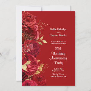 Red And Gold Floral Wedding Anniversary Party Invitation