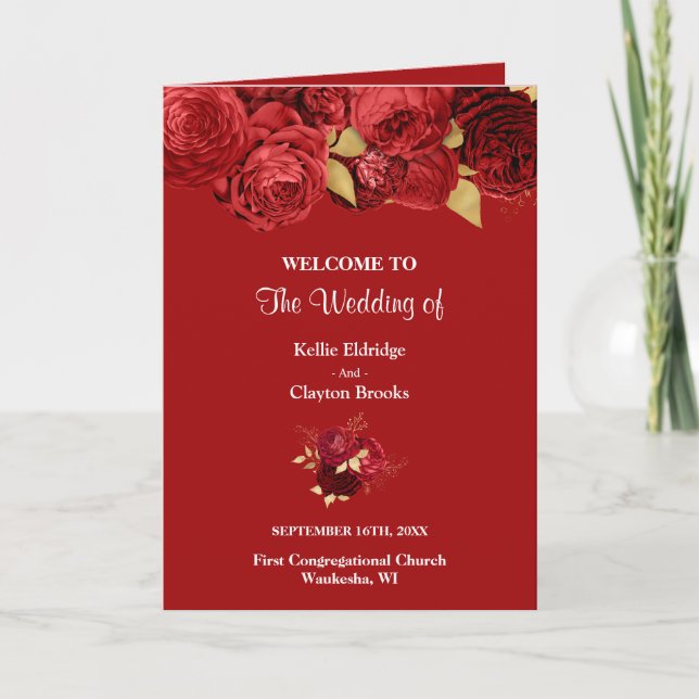 Red And Gold Floral Wedding Folded Program (Front)